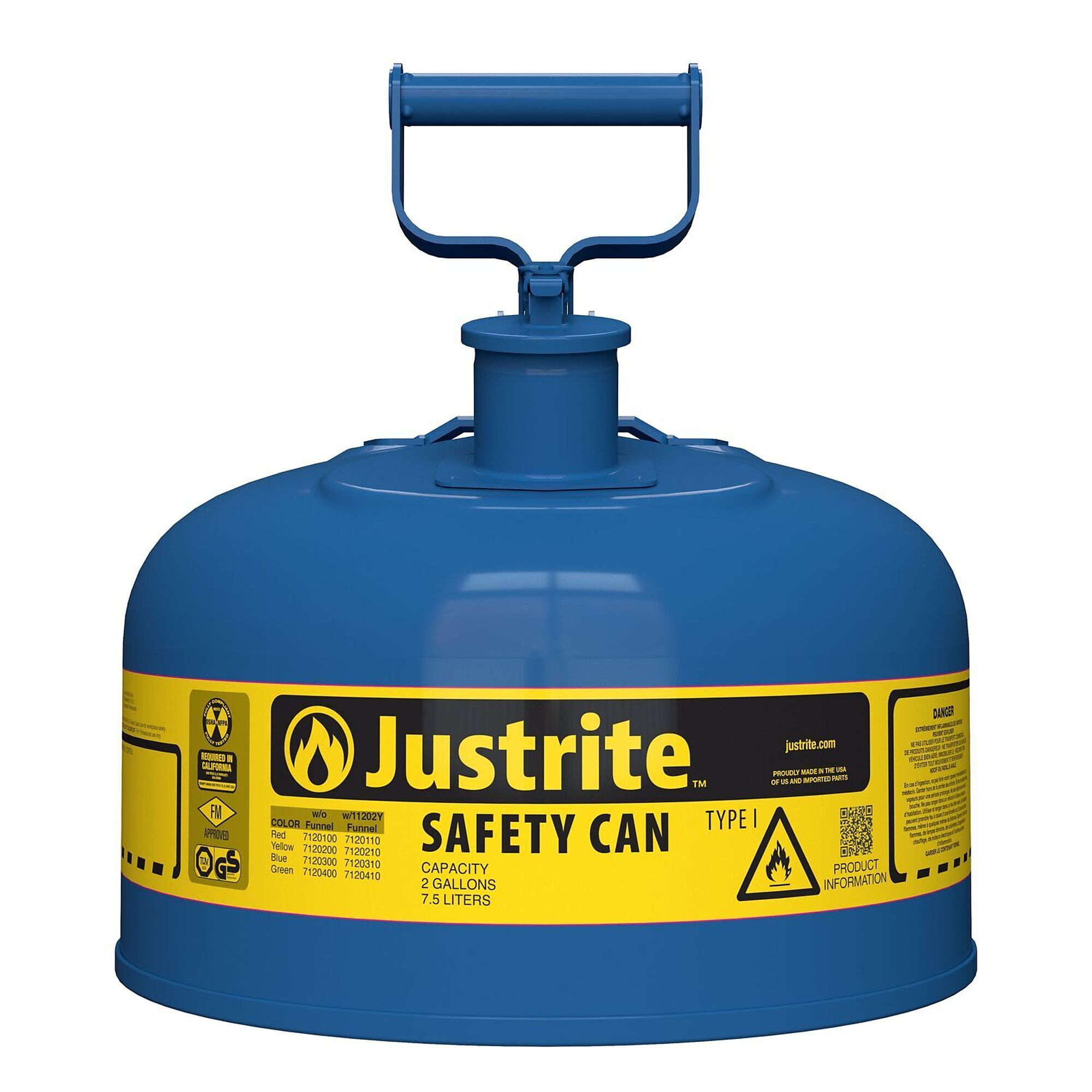 Type I Steel Safety Can for flammables, 2 gallon, S/S flame arrester, self-close lid, Blue.